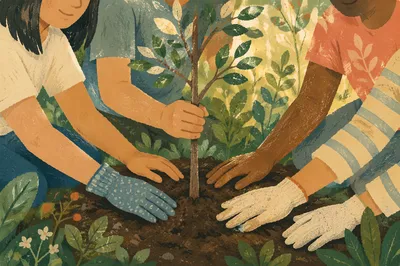 Volunteer Hands Planting Young Tree Together