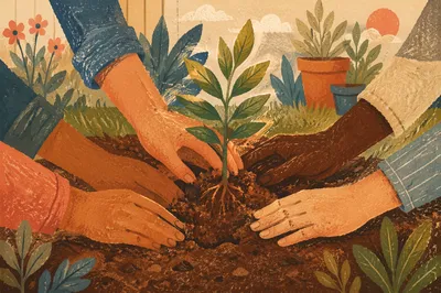 Community Hands Planting Young Tree Together
