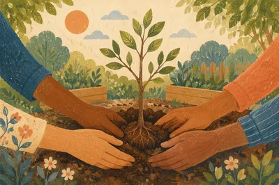 Hands Planting Young Tree in Community Garden