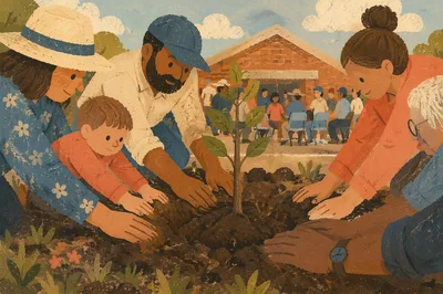 Community Hands Planting a Hopeful Sapling