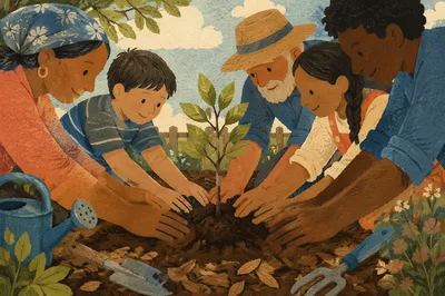 Community Hands Planting a Young Tree
