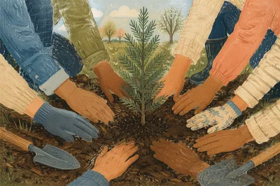 Community Hands Planting Evergreen Sapling