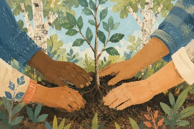 Diverse Hands Planting Young Tree Together