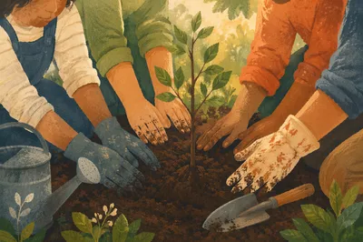 Hands Planting Sapling in Community Garden