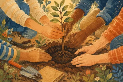 Community Hands Planting a Young Sapling