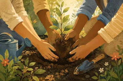 Diverse Hands Planting Sapling in Community Garden