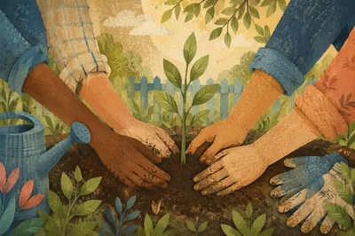 Hands Planting Sapling in Community Garden