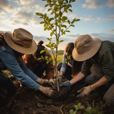 Volunteers Planting a Young Tree Together