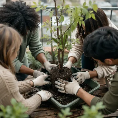 Diverse Hands Planting Tree on Balcony Garden