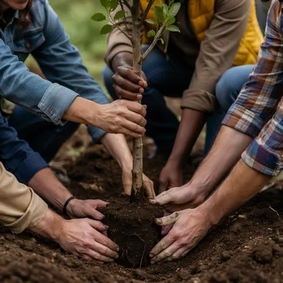 Community Hands Planting a Young Tree