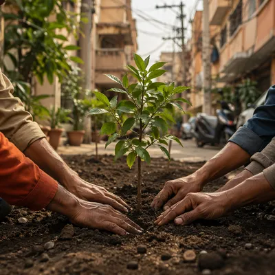 Community Hands Planting a Young Tree
