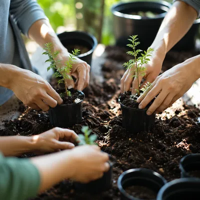 Collaborative Hands Planting Tree Seedlings