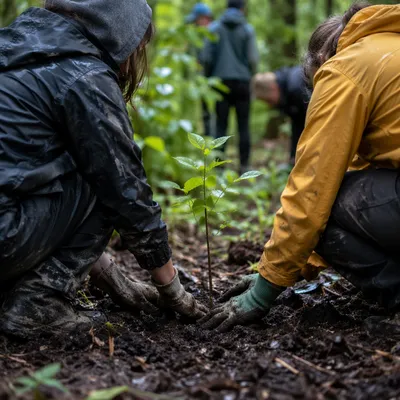 Community Hands Planting a Young Tree