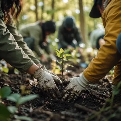 Volunteers Planting Sapling in Woodland Clearing