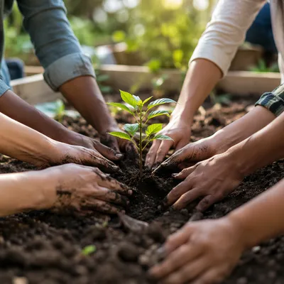 Community Hands Planting a Young Sapling
