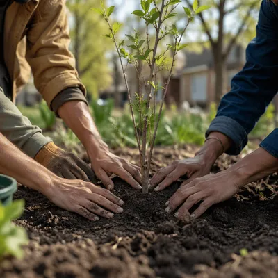 Community Hands Planting Young Tree Together