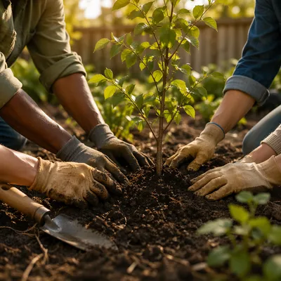 Community Hands Planting Young Tree Together