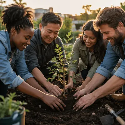 Community Hands Planting a Young Tree