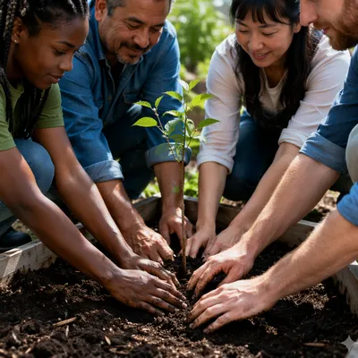 Hands Planting Sapling in Community Garden