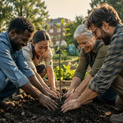 Hands Planting Young Tree in Garden