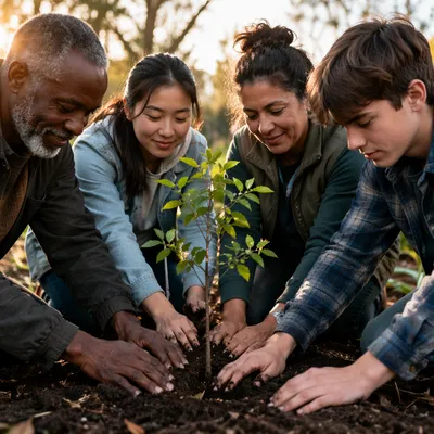 Hands Planting Young Sapling in Garden