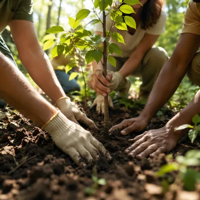 Volunteer Hands Planting a Young Tree