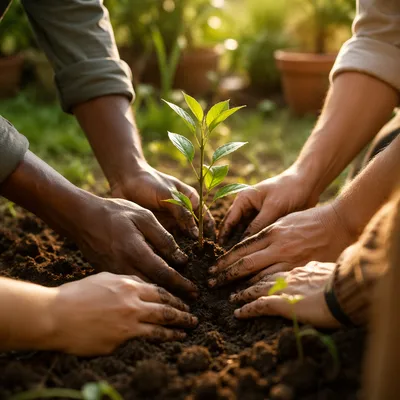 Diverse Hands Planting a Young Sapling