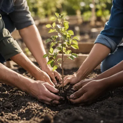 Hands Planting Young Tree in Community Garden