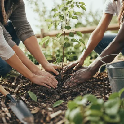 Hands Planting a Tree in Community Garden