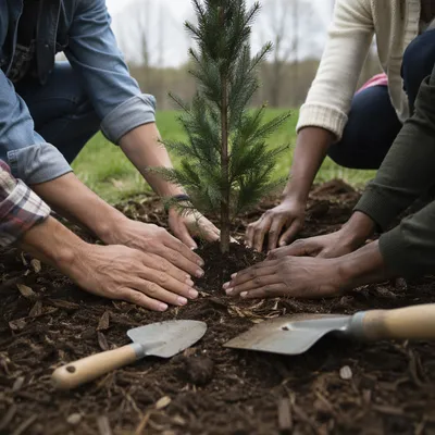 Community Hands Planting Evergreen Sapling Together