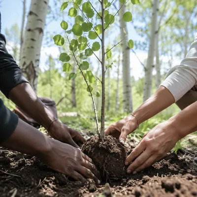 Diverse Hands Planting Young Tree Together