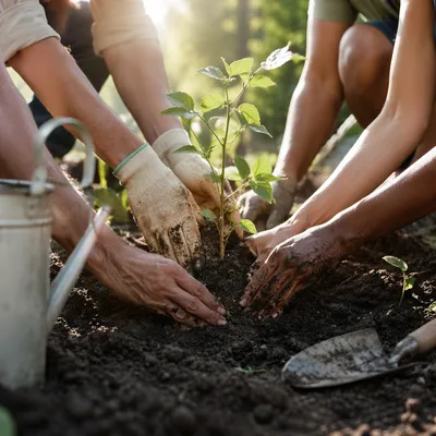 Hands Planting a Sapling in Community Garden