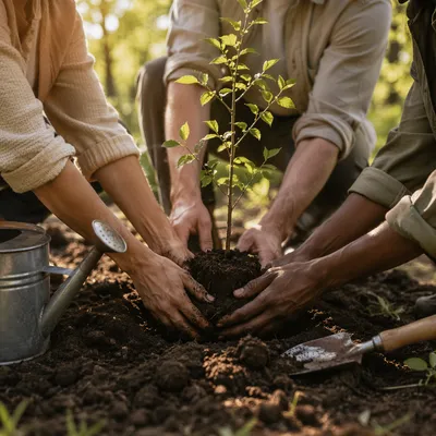 Diverse Hands Planting a Young Sapling