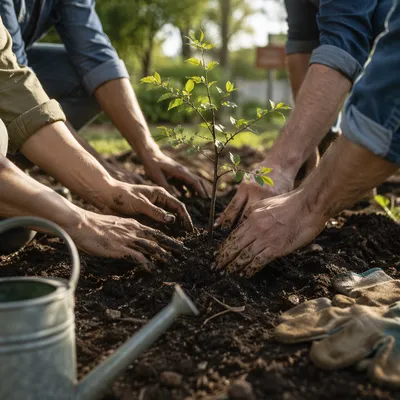 Diverse Hands Planting a Sapling Together