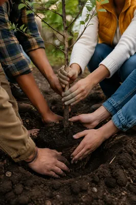 Community Hands Planting a Young Tree