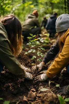 Volunteers Planting Sapling in Woodland Clearing