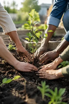 Hands Planting Sapling in Community Garden