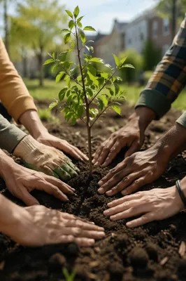 Community Hands Planting a Young Tree