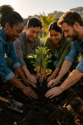 Group Planting Young Tree in Garden