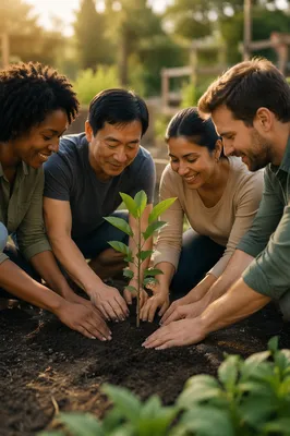 Diverse Group Planting Young Sapling Together