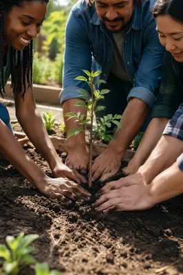 Hands Planting Young Sapling in Garden