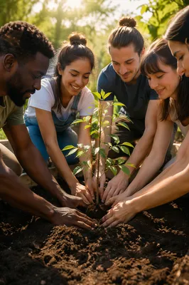 Group Planting Young Tree in Garden