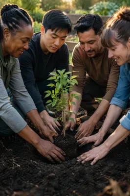 Group Planting Young Tree in Garden