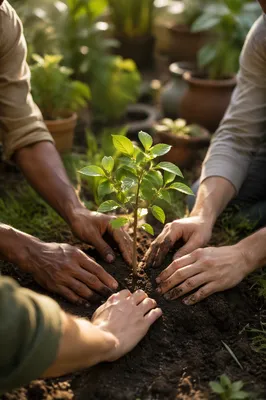 Diverse Hands Planting a Young Sapling