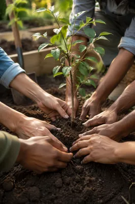 Hands Planting Young Tree in Community Garden