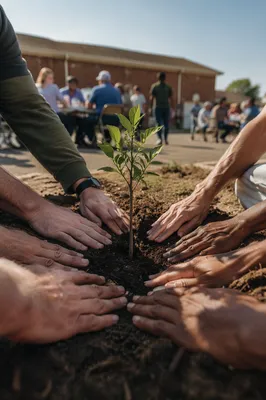 Community Hands Planting a Young Tree