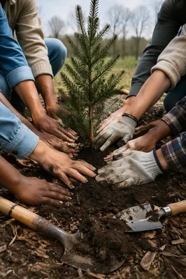 Community Hands Planting Evergreen Sapling Together