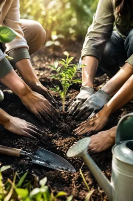 Hands Planting a Sapling in Community Garden
