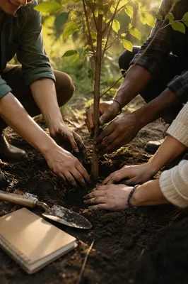 Community Hands Planting a Young Sapling