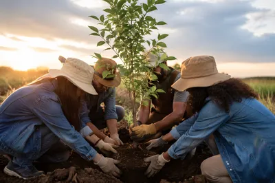 Volunteers Planting Young Tree at Golden Hour